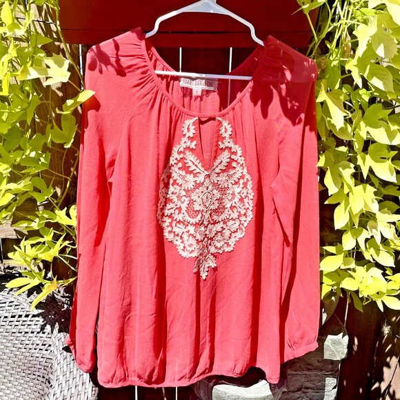 Anthropologie Yoana Baraschi Coral Embroidered Boho Peasant Blouse – Size S - Picture 1 of 5